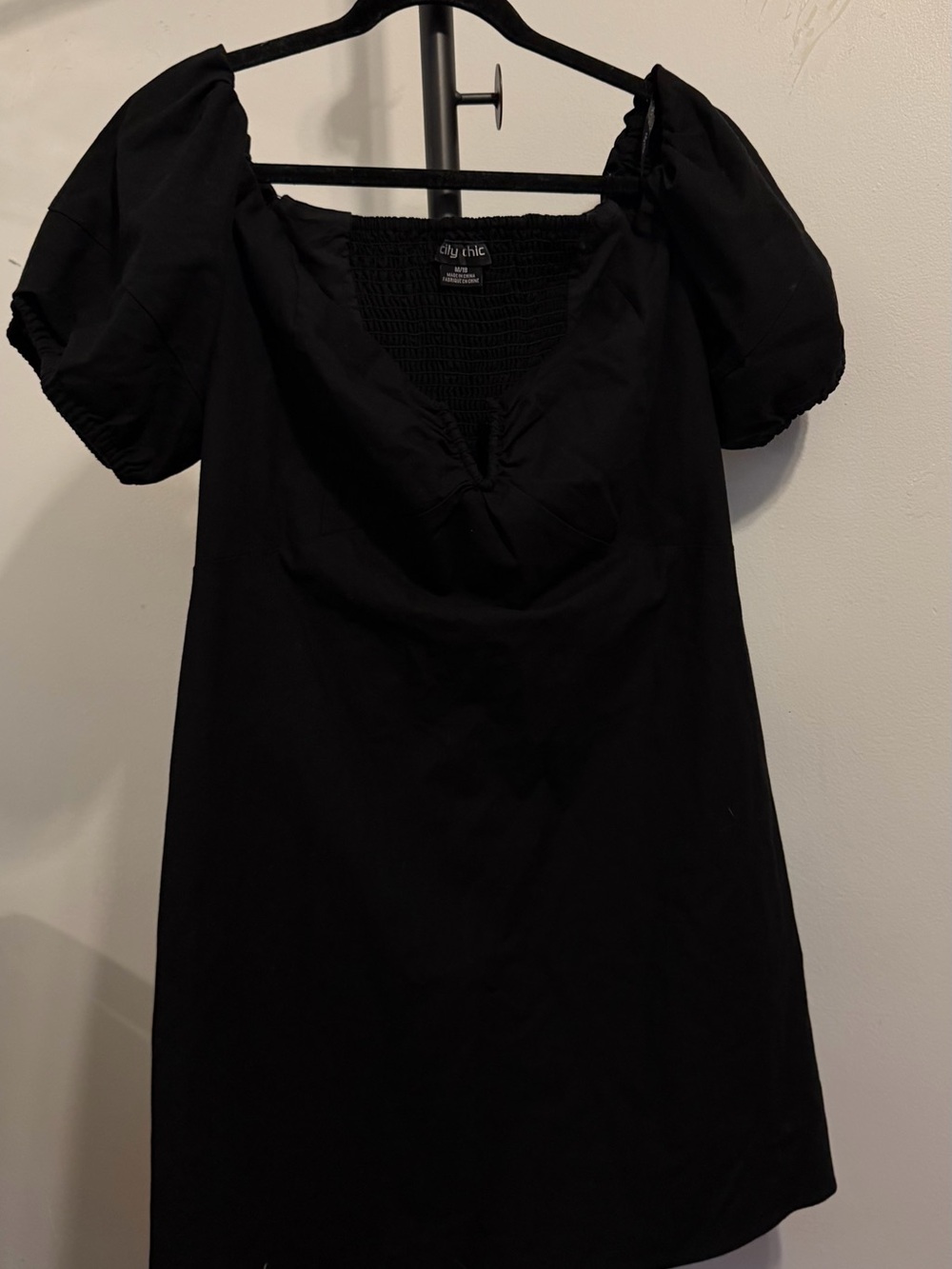 City Chic Black Puff Sleeve Mini Dress with Smocked Back